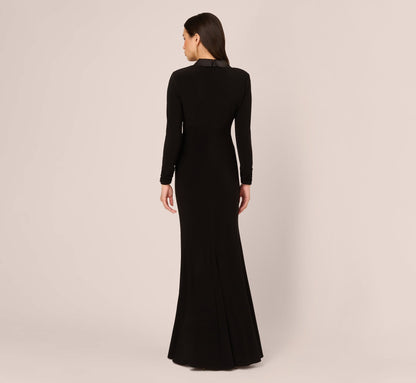 Tuxedo Mermaid Gown With Long Sleeves - Black | Adrianna Papell