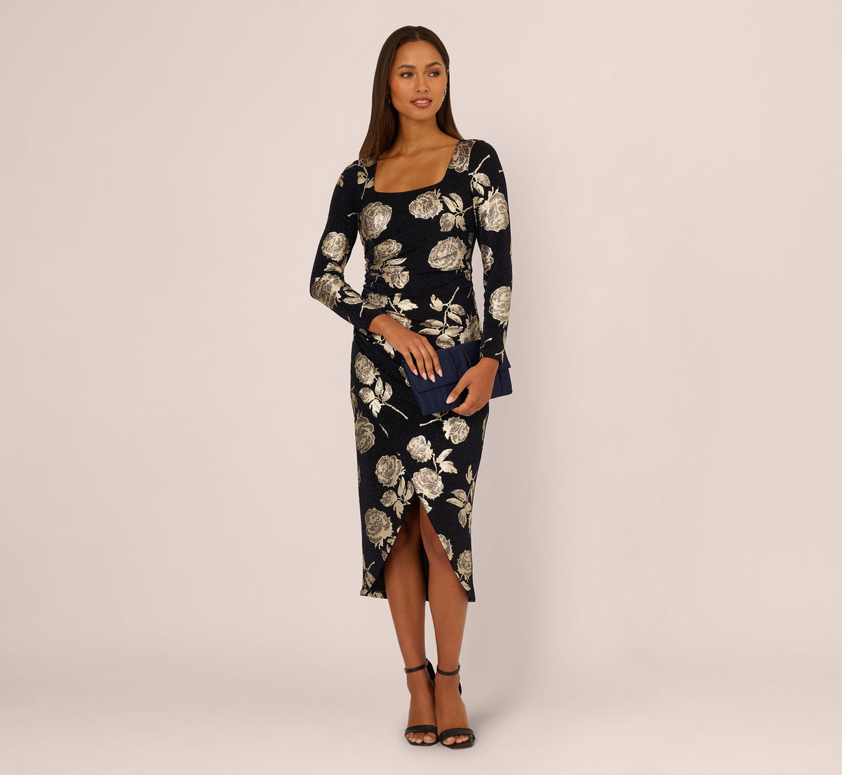 Long Sleeve Stretch Metallic Rose Floral Midi Dress - Navy Gold | Adrianna Papell