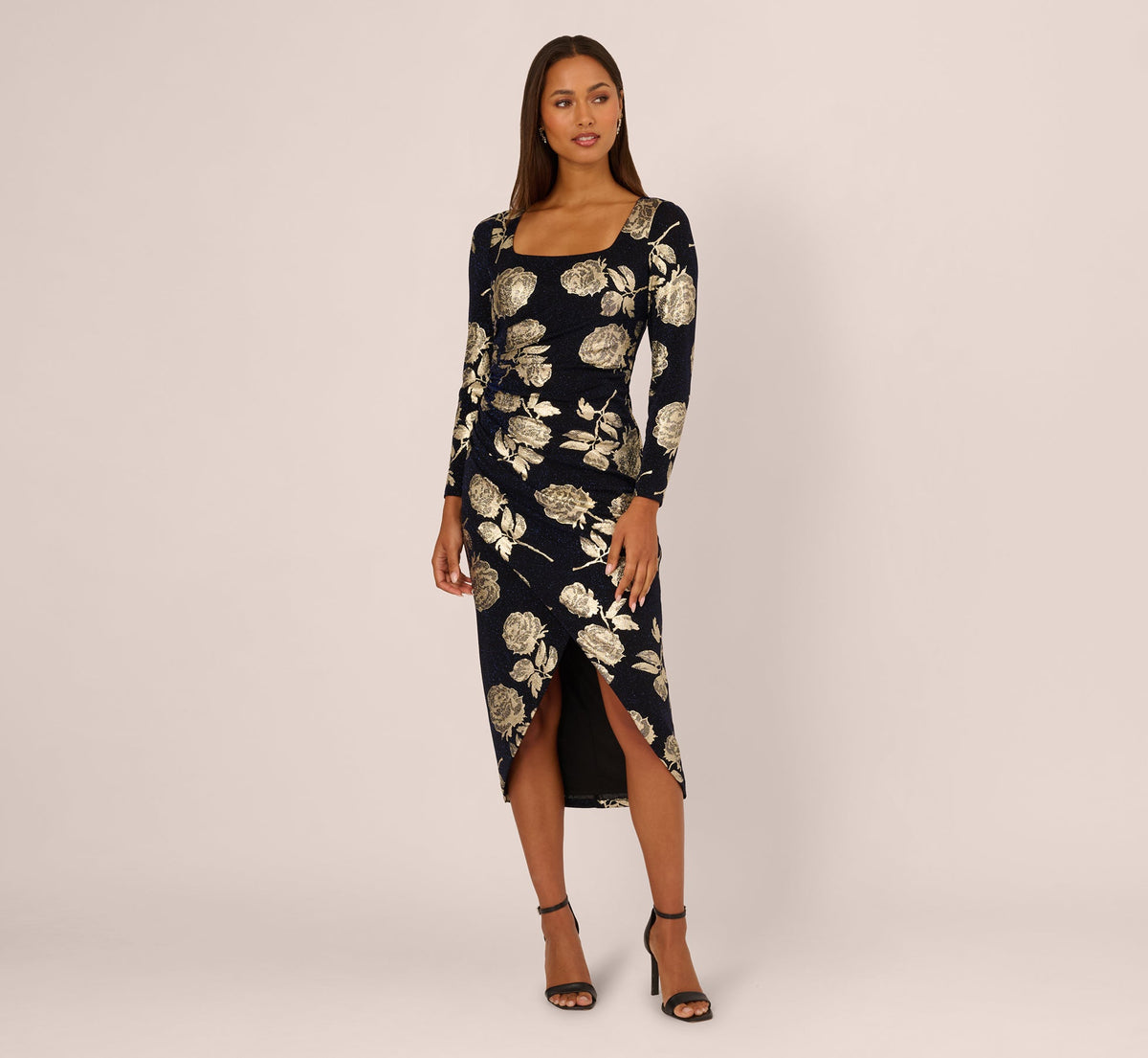 Long Sleeve Stretch Metallic Rose Floral Midi Dress - Navy Gold | Adrianna Papell