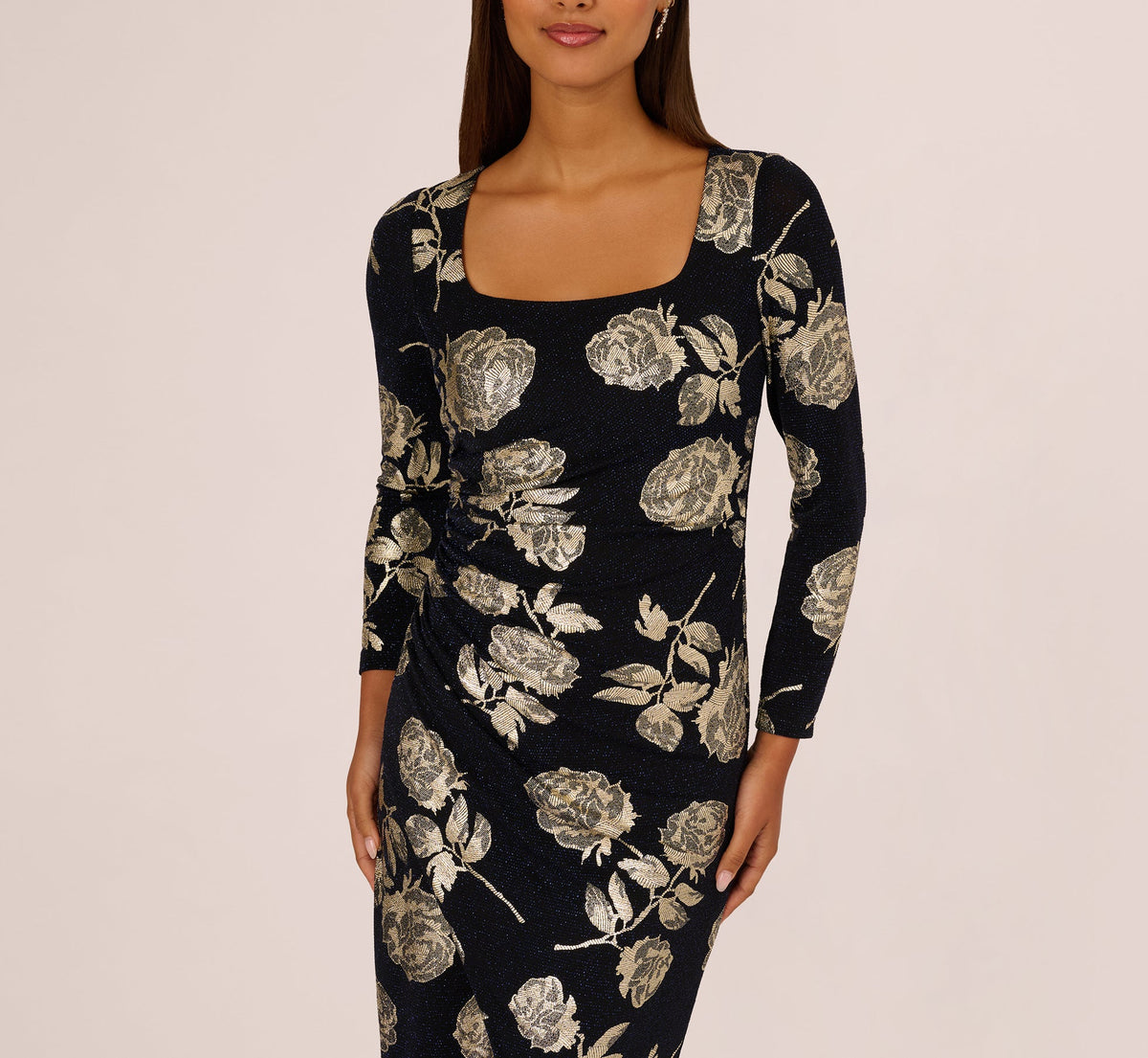 Long Sleeve Stretch Metallic Rose Floral Midi Dress - Navy Gold | Adrianna Papell