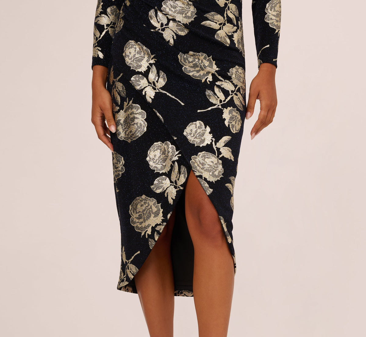 Long Sleeve Stretch Metallic Rose Floral Midi Dress - Navy Gold | Adrianna Papell
