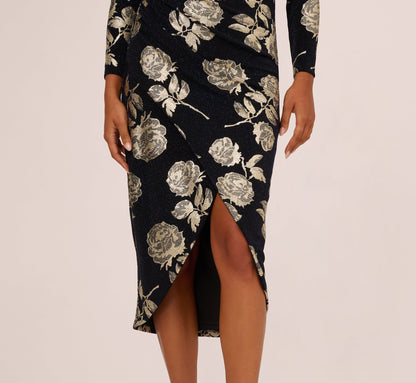 Long Sleeve Stretch Metallic Rose Floral Midi Dress - Navy Gold | Adrianna Papell