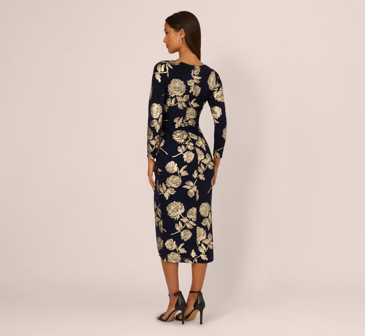 Long Sleeve Stretch Metallic Rose Floral Midi Dress - Navy Gold | Adrianna Papell