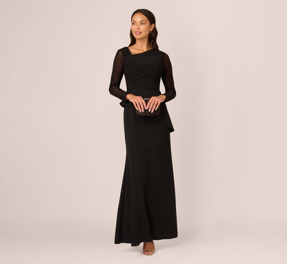 Knit Crepe Combo Mesh Gown - Black | Adrianna Papell