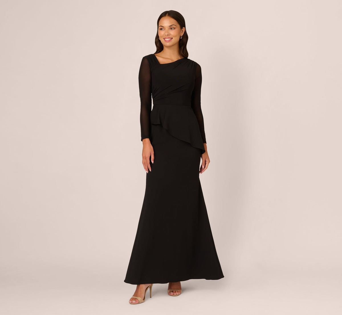 Knit Crepe Combo Mesh Gown - Black | Adrianna Papell