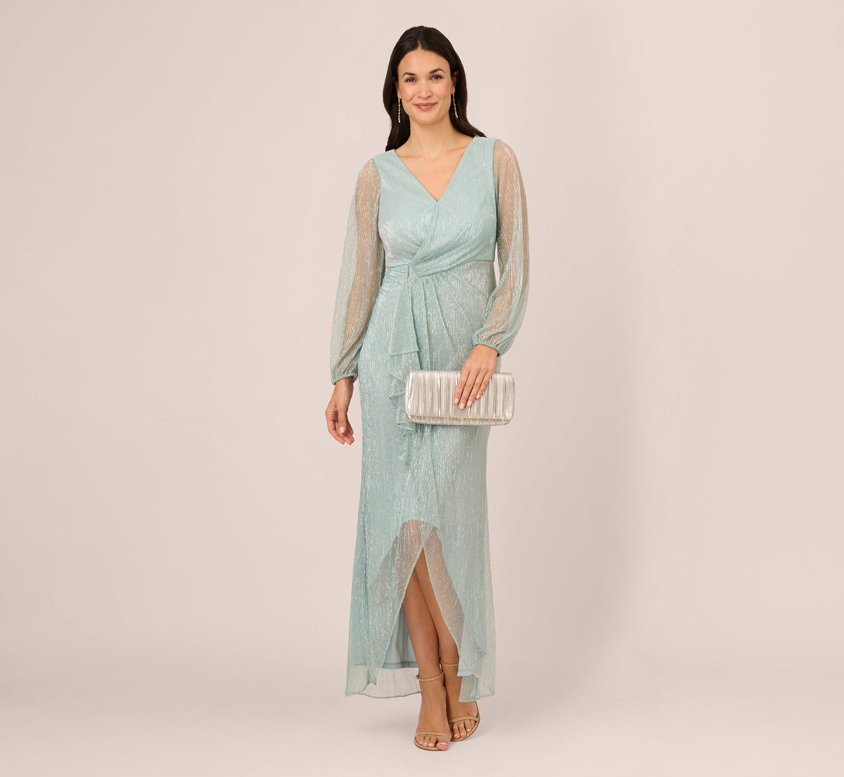 Crinkle Metallic Gown With Sheer Bishop Sleeves And Draped Details - Mint Smoke | Adrianna Papell