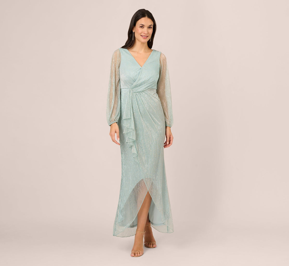 Crinkle Metallic Gown With Sheer Bishop Sleeves And Draped Details - Mint Smoke | Adrianna Papell