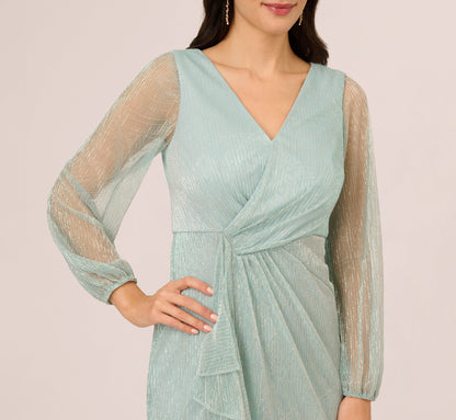 Crinkle Metallic Gown With Sheer Bishop Sleeves And Draped Details - Mint Smoke | Adrianna Papell