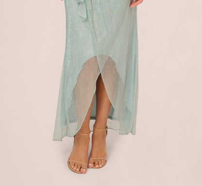 Crinkle Metallic Gown With Sheer Bishop Sleeves And Draped Details - Mint Smoke | Adrianna Papell