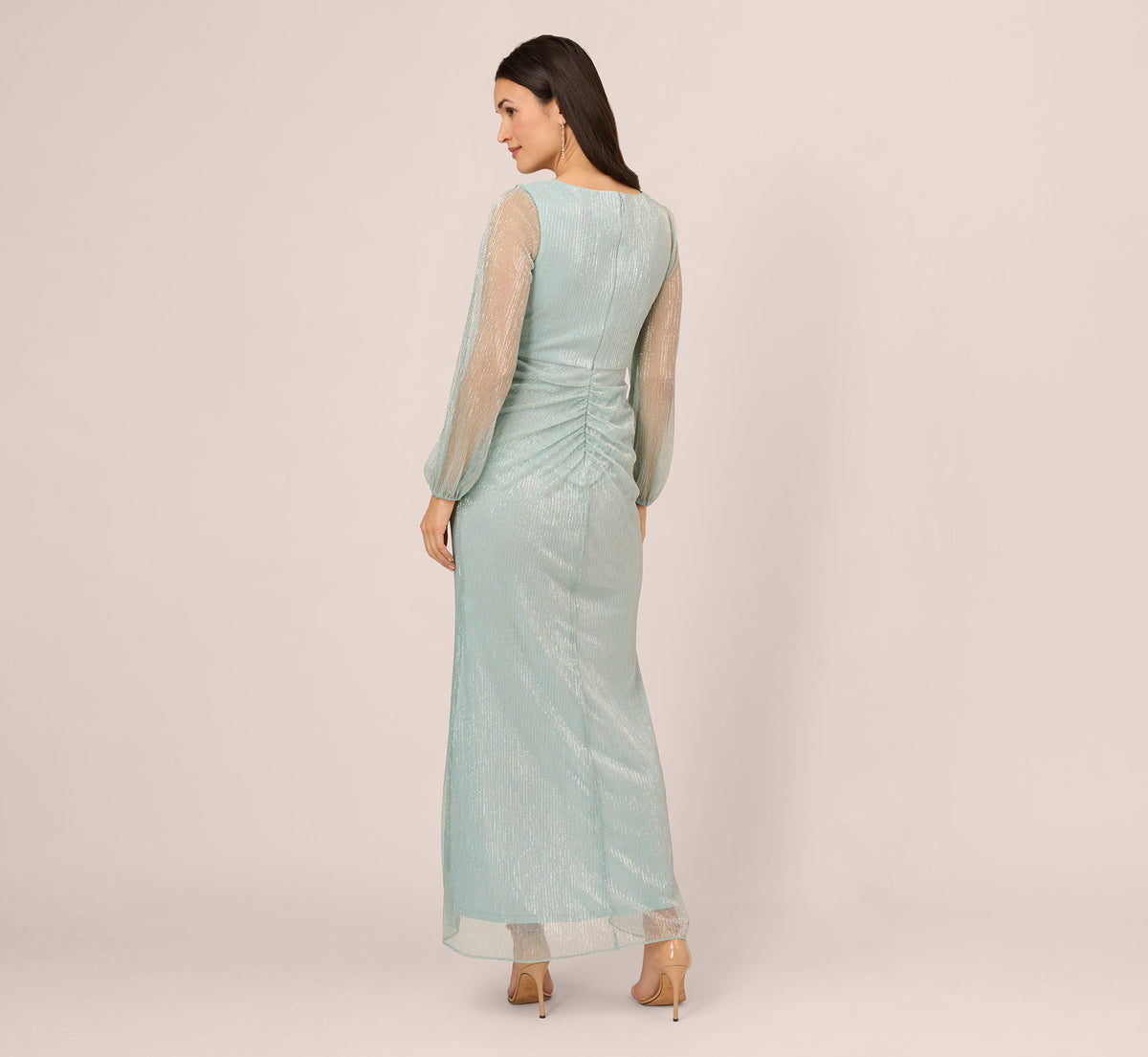 Crinkle Metallic Gown With Sheer Bishop Sleeves And Draped Details - Mint Smoke | Adrianna Papell