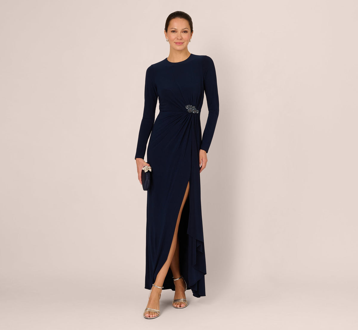 Long Sleeve Beaded Draped Gown - Midnight | Adrianna Papell