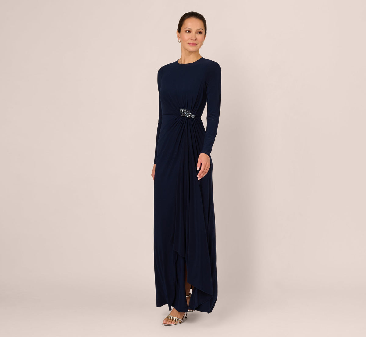 Long Sleeve Beaded Draped Gown - Midnight | Adrianna Papell