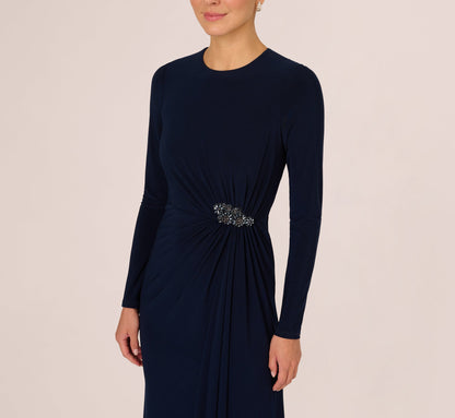 Long Sleeve Beaded Draped Gown - Midnight | Adrianna Papell