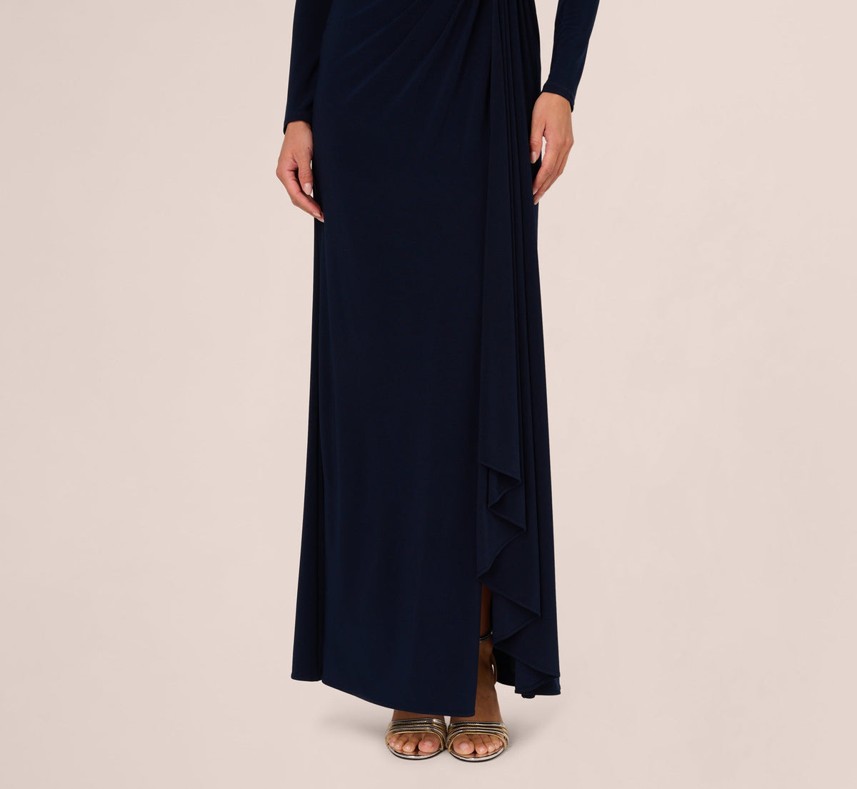 Long Sleeve Beaded Draped Gown - Midnight | Adrianna Papell