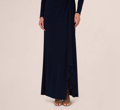 Long Sleeve Beaded Draped Gown - Midnight | Adrianna Papell