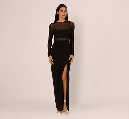Long Sleeve Knit Crepe Mesh Illusion Column Dress - Black | Adrianna Papell