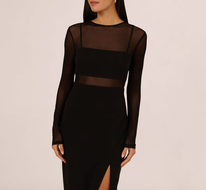 Long Sleeve Knit Crepe Mesh Illusion Column Dress - Black | Adrianna Papell
