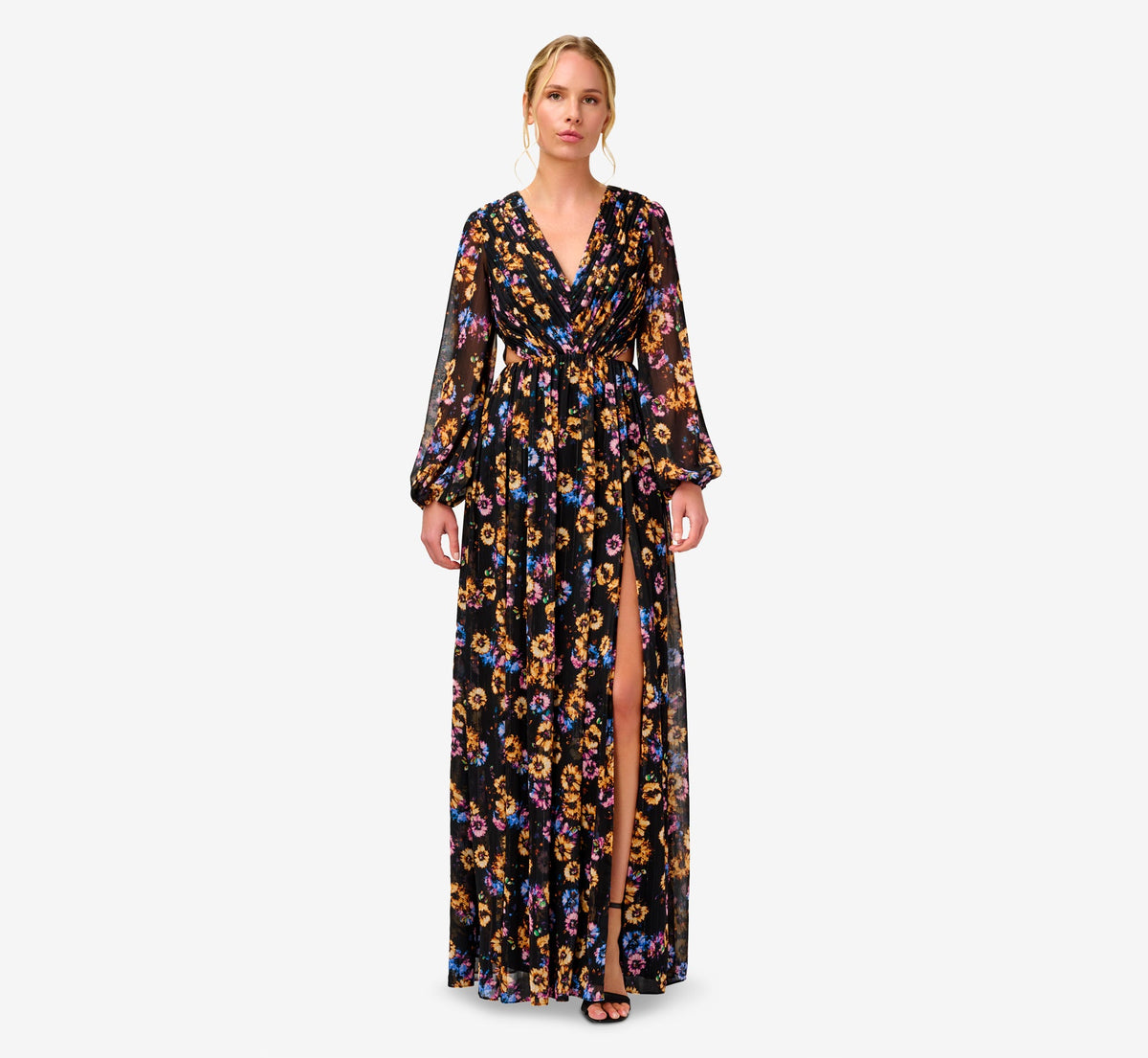 Floral-Print Pleated Chiffon Long A-Line Gown - Black Multi | Adrianna Papell