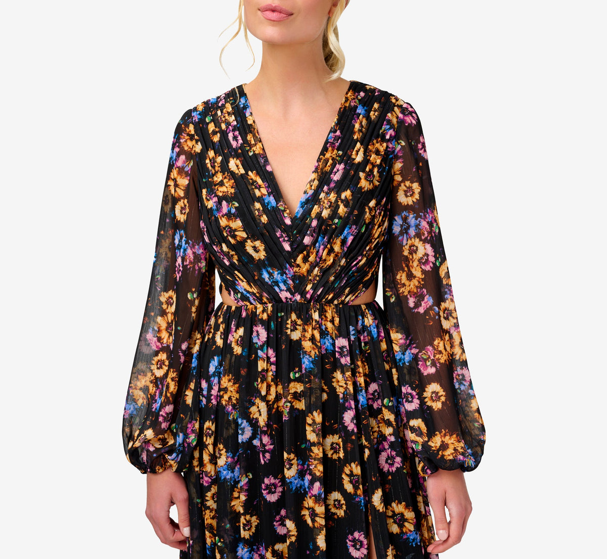Floral-Print Pleated Chiffon Long A-Line Gown - Black Multi | Adrianna Papell