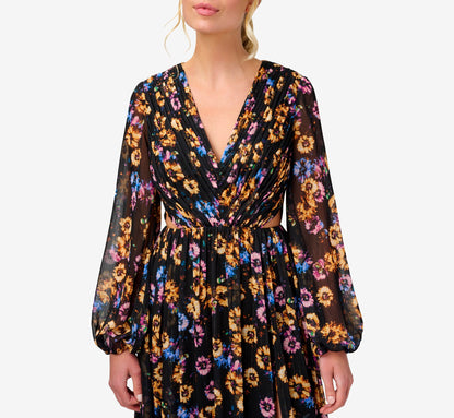Floral-Print Pleated Chiffon Long A-Line Gown - Black Multi | Adrianna Papell