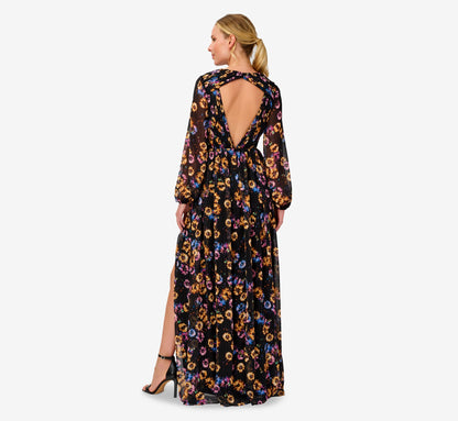 Floral-Print Pleated Chiffon Long A-Line Gown - Black Multi | Adrianna Papell