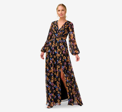 Floral-Print Pleated Chiffon Long A-Line Gown - Black Multi | Adrianna Papell