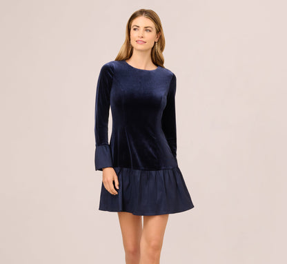 Long Sleeve Drop Waist Velvet Taffeta Dress - Midnight | Adrianna Papell