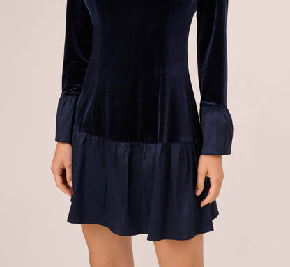 Long Sleeve Drop Waist Velvet Taffeta Dress - Midnight | Adrianna Papell