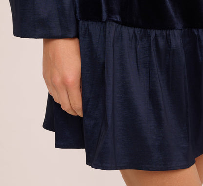 Long Sleeve Drop Waist Velvet Taffeta Dress - Midnight | Adrianna Papell