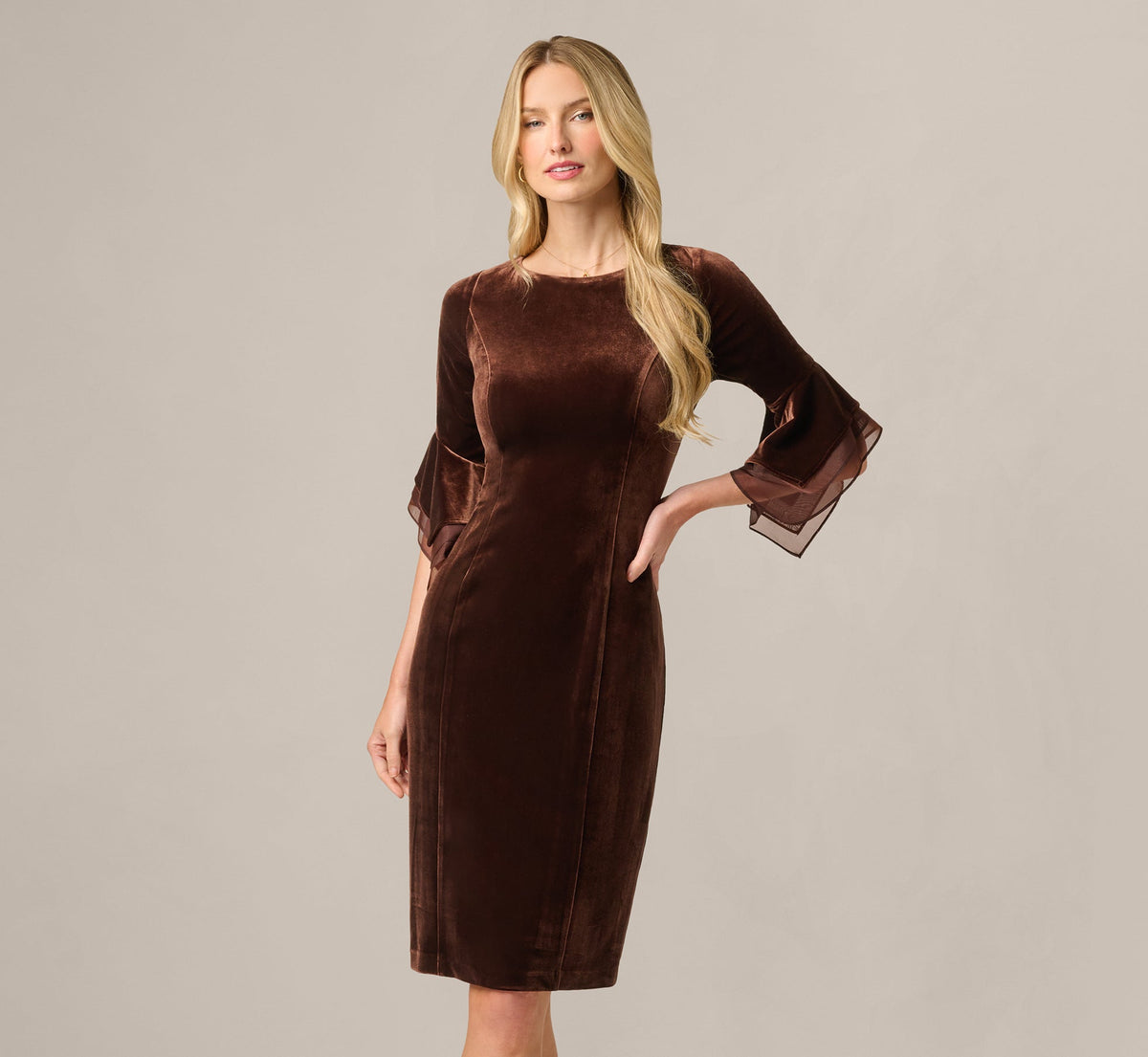 Velvet Sheath Dress With Tiered Three Quarter Sleeves - Dark Brown | Adrianna Papell