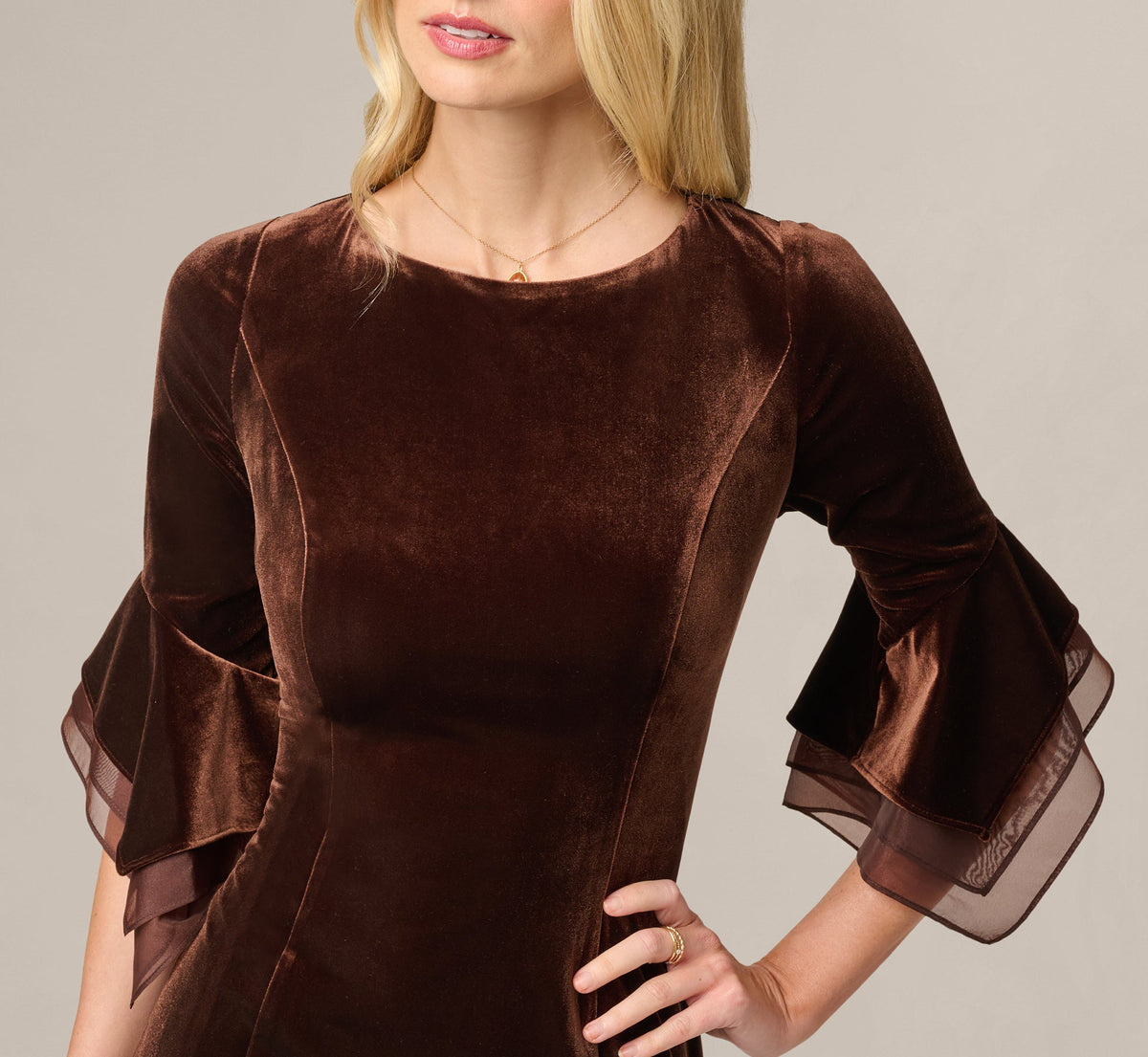 Velvet Sheath Dress With Tiered Three Quarter Sleeves - Dark Brown | Adrianna Papell