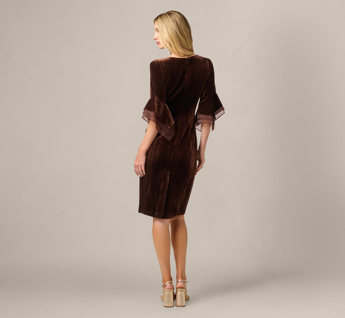 Velvet Sheath Dress With Tiered Three Quarter Sleeves - Dark Brown | Adrianna Papell