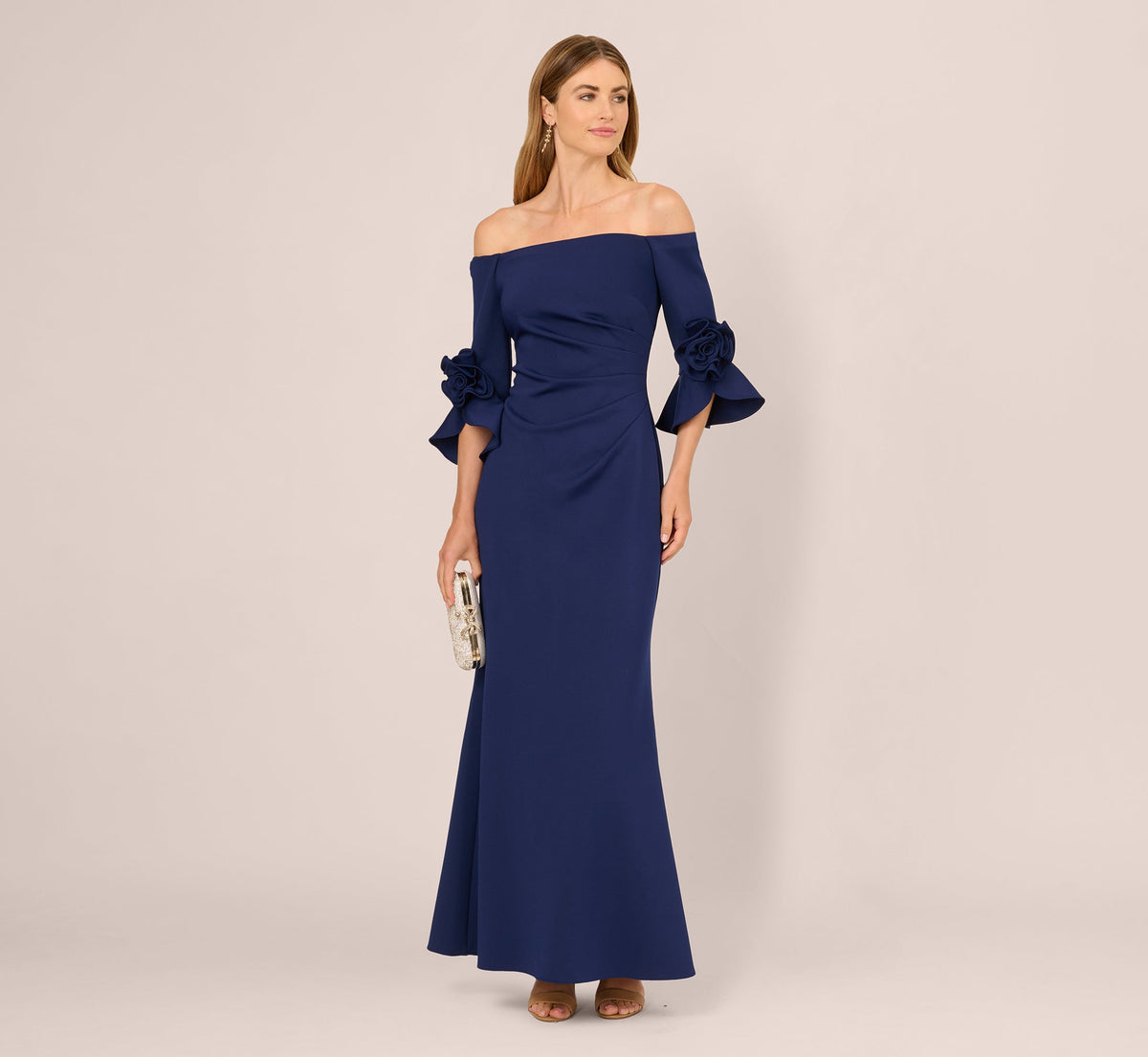 Off Shoulder Bell Sleeve Rosette Gown - Navy Sateen | Adrianna Papell