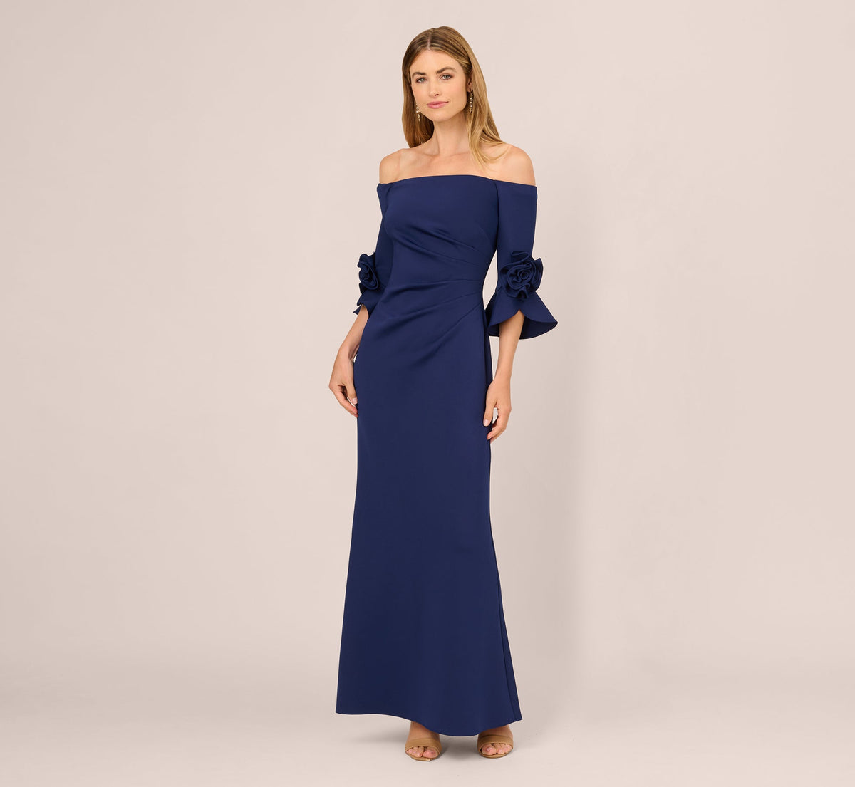 Off Shoulder Bell Sleeve Rosette Gown - Navy Sateen | Adrianna Papell