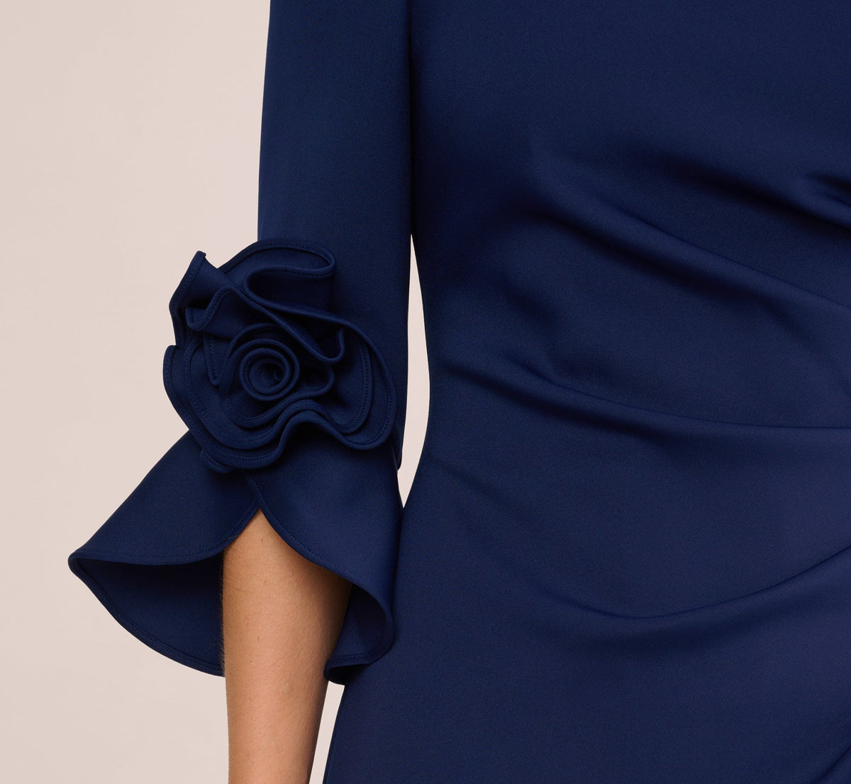 Off Shoulder Bell Sleeve Rosette Gown - Navy Sateen | Adrianna Papell