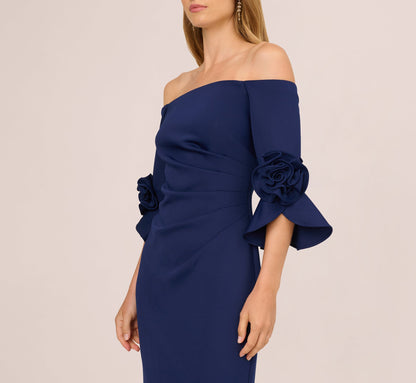 Off Shoulder Bell Sleeve Rosette Gown - Navy Sateen | Adrianna Papell