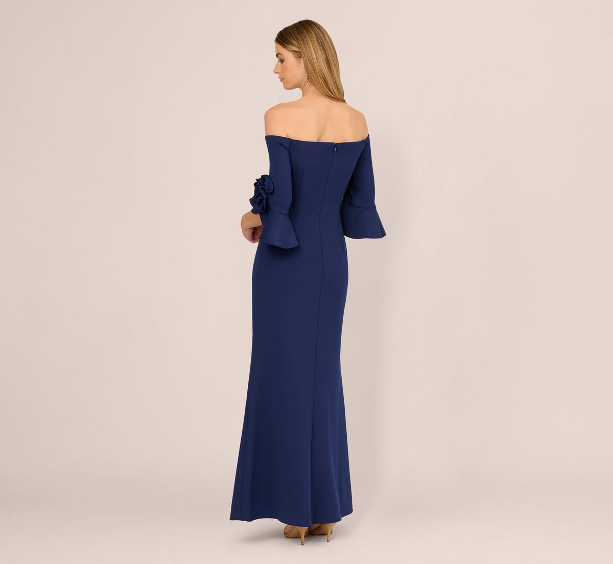 Off Shoulder Bell Sleeve Rosette Gown - Navy Sateen | Adrianna Papell