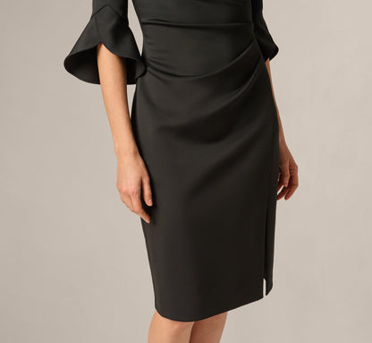 Three Quarter Sleeve Faux Wrap Midi Dress - Black | Adrianna Papell