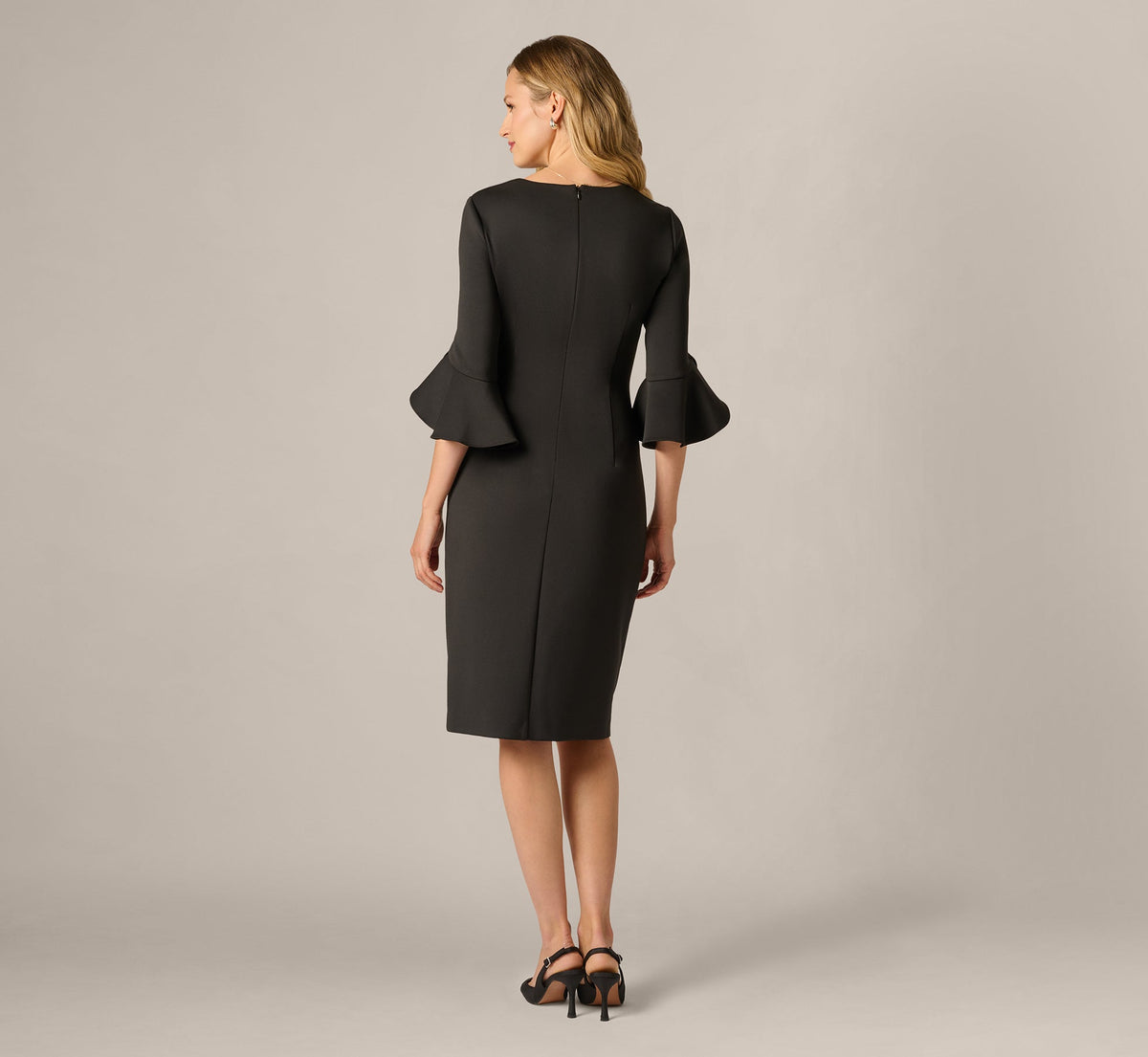 Three Quarter Sleeve Faux Wrap Midi Dress - Black | Adrianna Papell