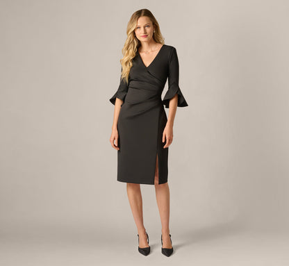 Three Quarter Sleeve Faux Wrap Midi Dress - Black | Adrianna Papell