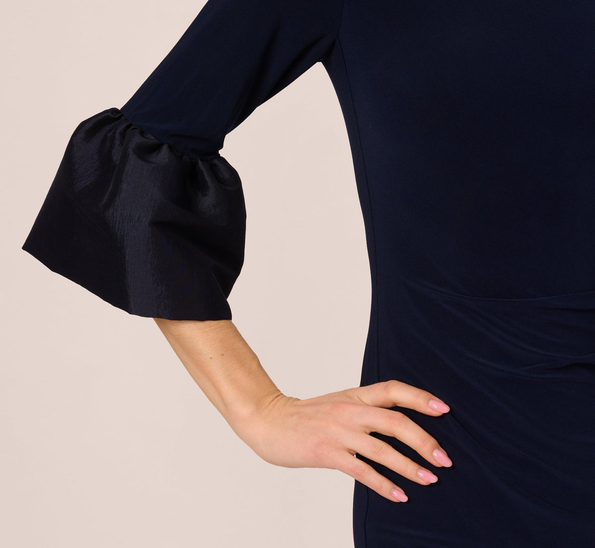 Draped Jersey Short Sheath Dress With Bell Cuffs - Midnight | Adrianna Papell