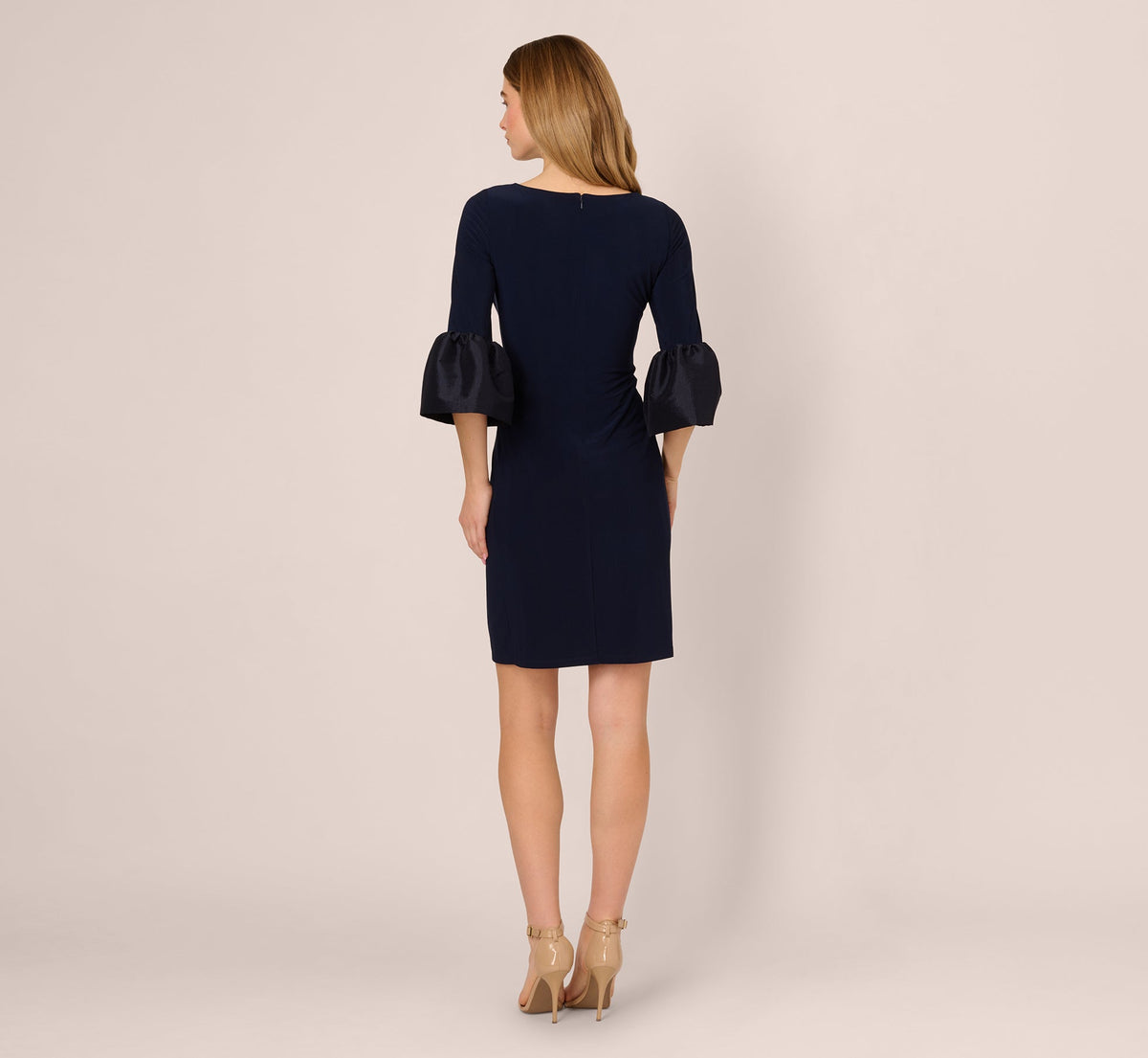 Draped Jersey Short Sheath Dress With Bell Cuffs - Midnight | Adrianna Papell