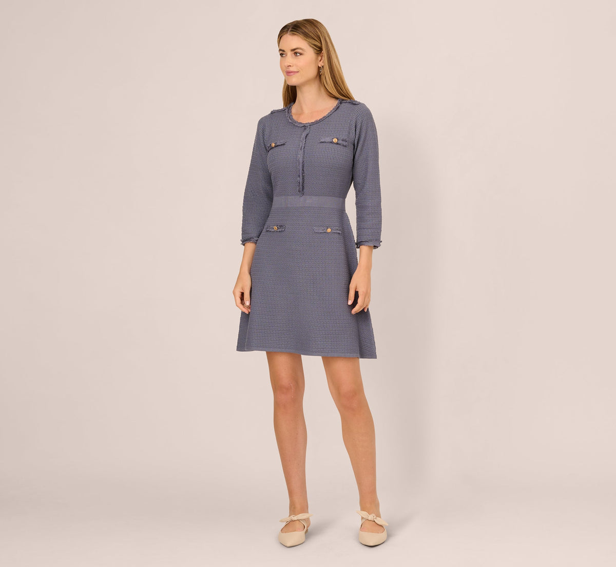 Three Quarter Sleeve Waffle Knit Short Dress - Dusty Blue | Adrianna Papell