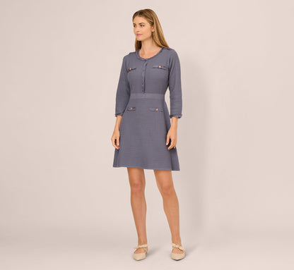 Three Quarter Sleeve Waffle Knit Short Dress - Dusty Blue | Adrianna Papell