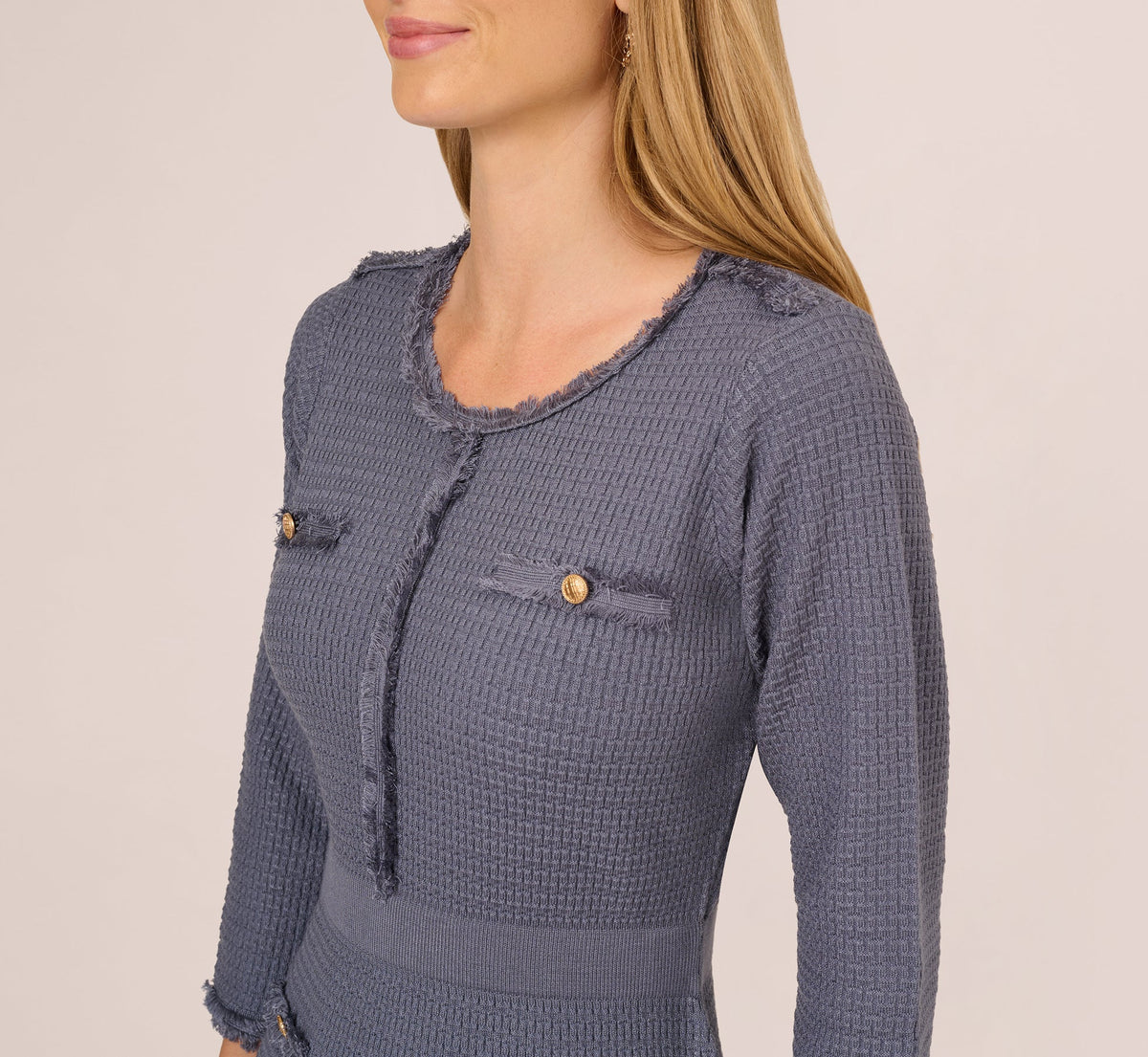 Three Quarter Sleeve Waffle Knit Short Dress - Dusty Blue | Adrianna Papell