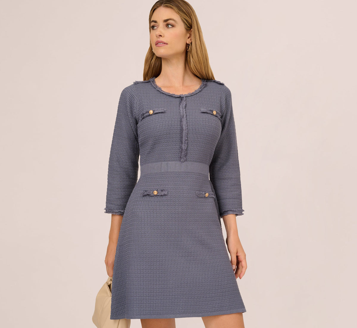 Three Quarter Sleeve Waffle Knit Short Dress - Dusty Blue | Adrianna Papell
