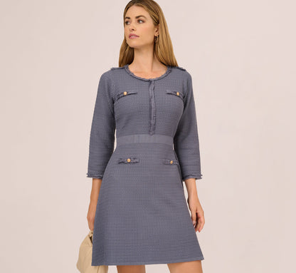 Three Quarter Sleeve Waffle Knit Short Dress - Dusty Blue | Adrianna Papell