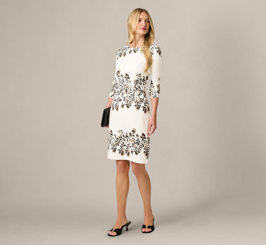 Three Quarter Sleeve Baroque Lace Print Stretch Sheath Dress - Ivory Multi | Adrianna Papell