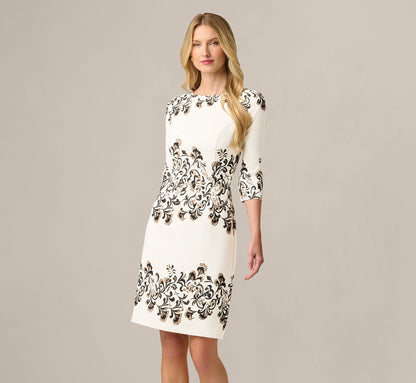 Three Quarter Sleeve Baroque Lace Print Stretch Sheath Dress - Ivory Multi | Adrianna Papell