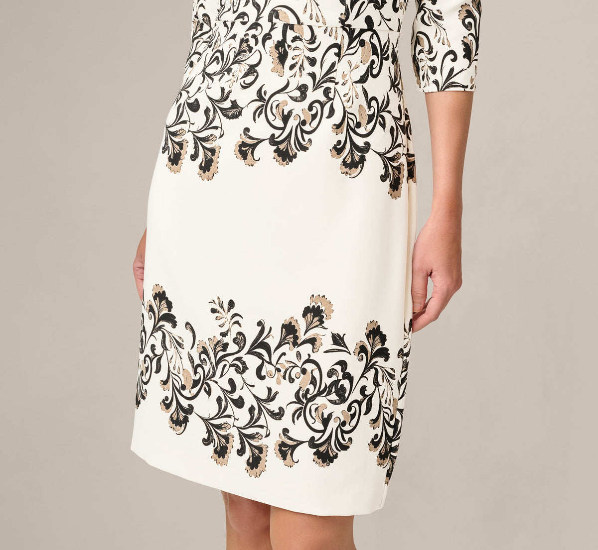 Three Quarter Sleeve Baroque Lace Print Stretch Sheath Dress - Ivory Multi | Adrianna Papell